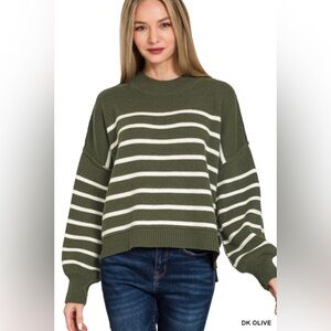 Zenana Outfitters Striped Olive and White Sweater